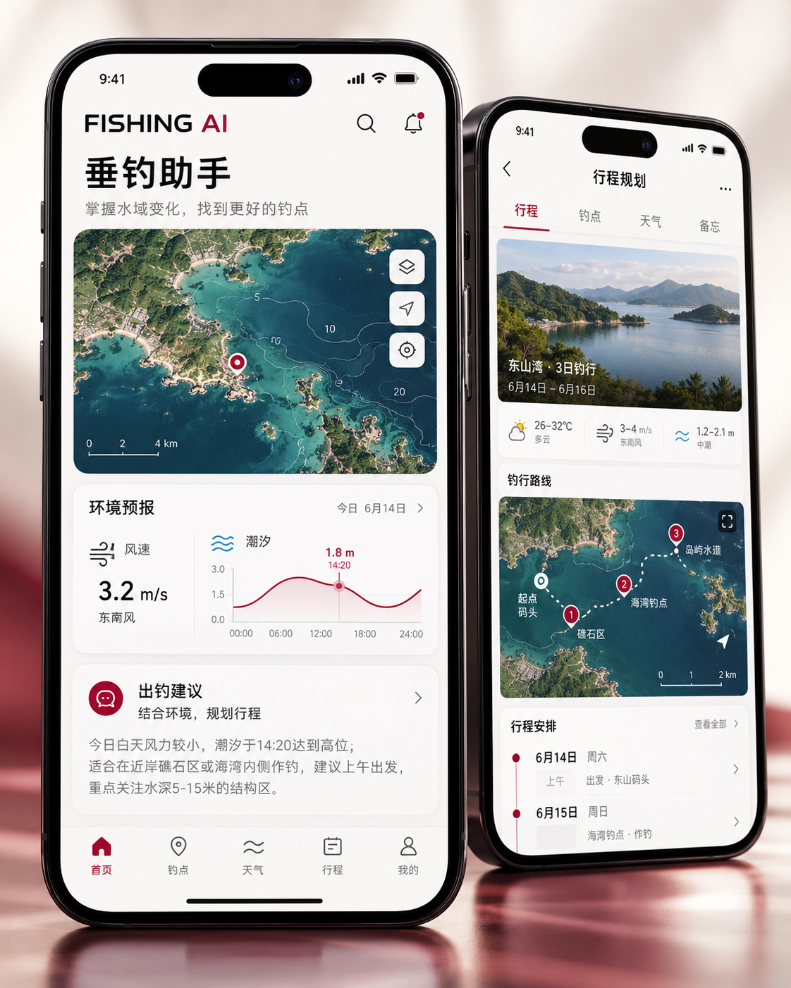 FISHING AI 应用概念效果图:环境查询、AI 建议与行程规划